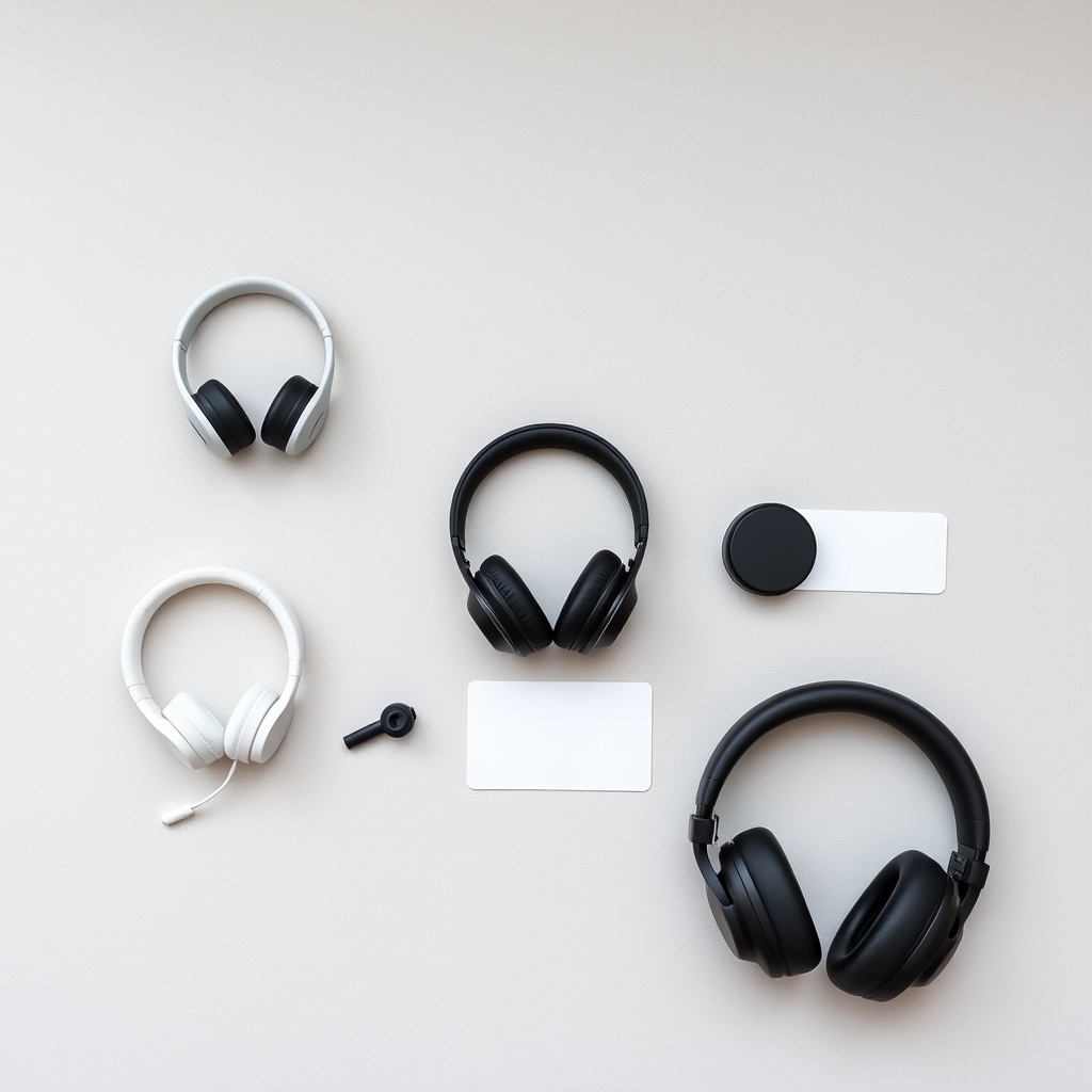 noise canceling headphones for travel — Overhead flat-lay of five different ANC headphones and earbuds arranged side by side on a gray fabric surface.