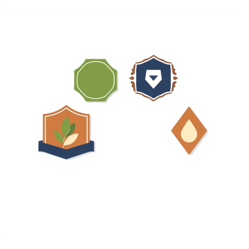 non-toxic baby bedding — Flat illustration of four certification badge shapes in earth tones representing organic and safety textile standards for baby bedding.