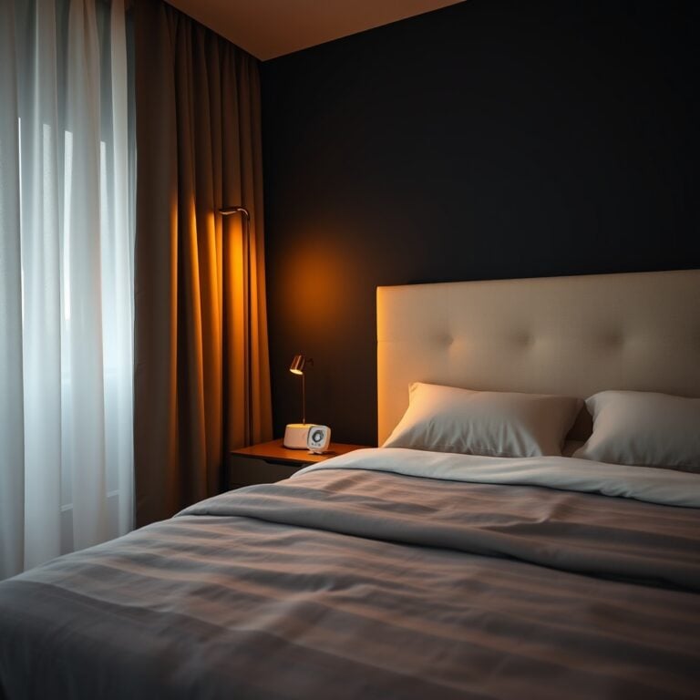 optimize sleep environment — A serene minimalist bedroom at night with blackout curtains, linen sheets, and a white noise machine on the nightstand.