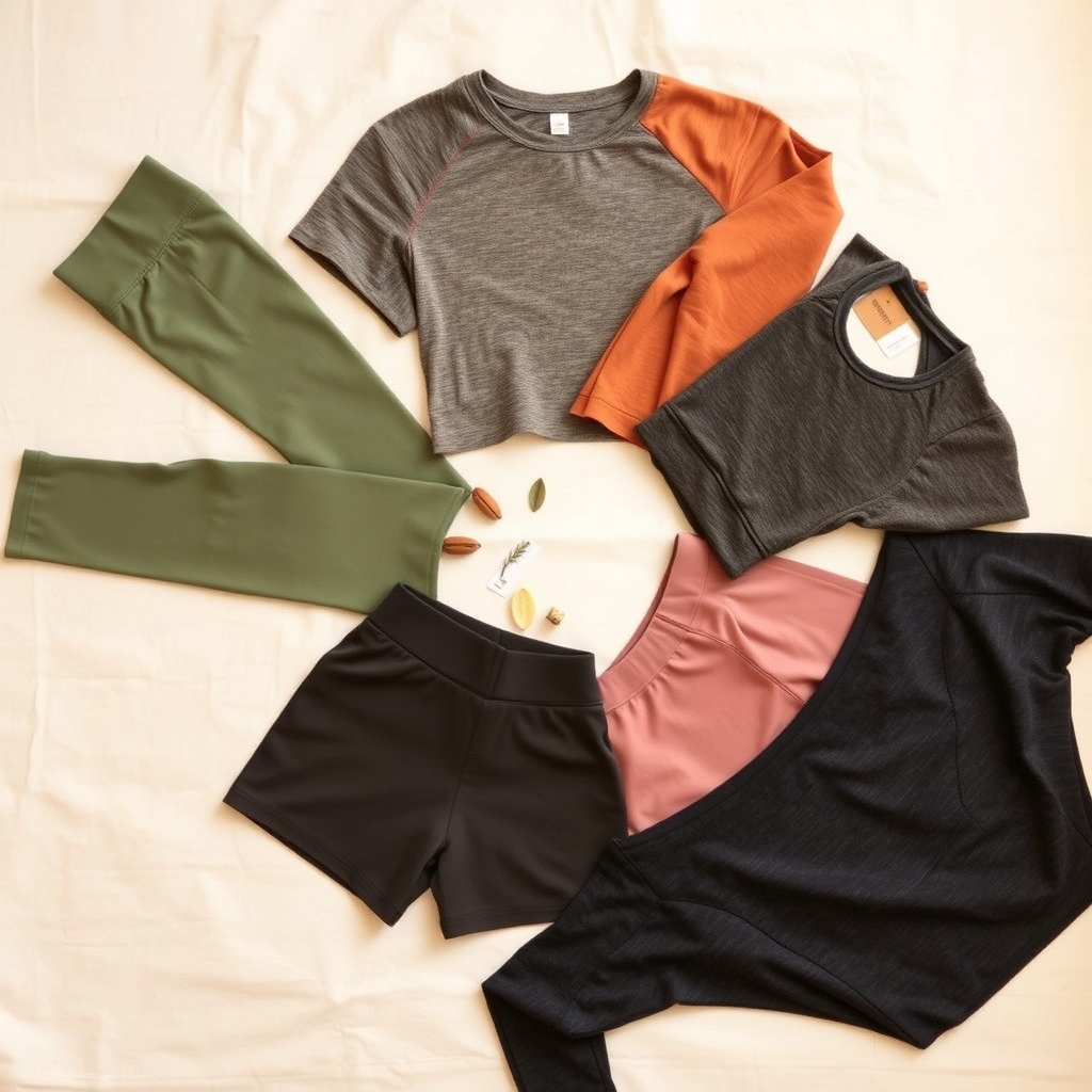 organic cotton activewear — Overhead flat-lay of six organic cotton activewear pieces in earth tones fanned out on cream linen with small leaf and tag icons.