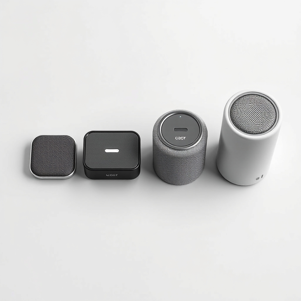 outdoor bluetooth speakers — Four portable Bluetooth speakers of increasing size arranged side by side on a gray surface under even studio lighting, showing size comparison.
