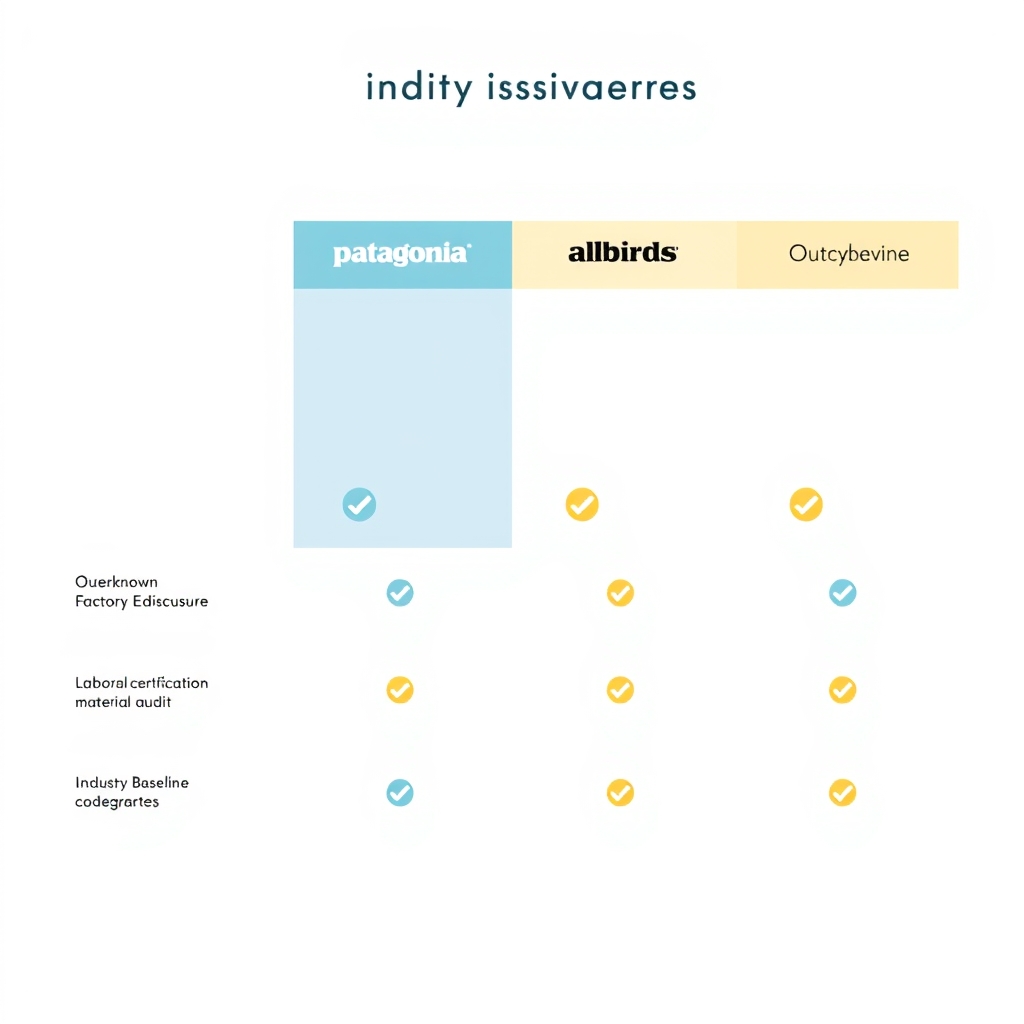 Outerknown factory practices — Brand comparison grid showing sustainability metric coverage across four apparel brands using check and partial-check icons