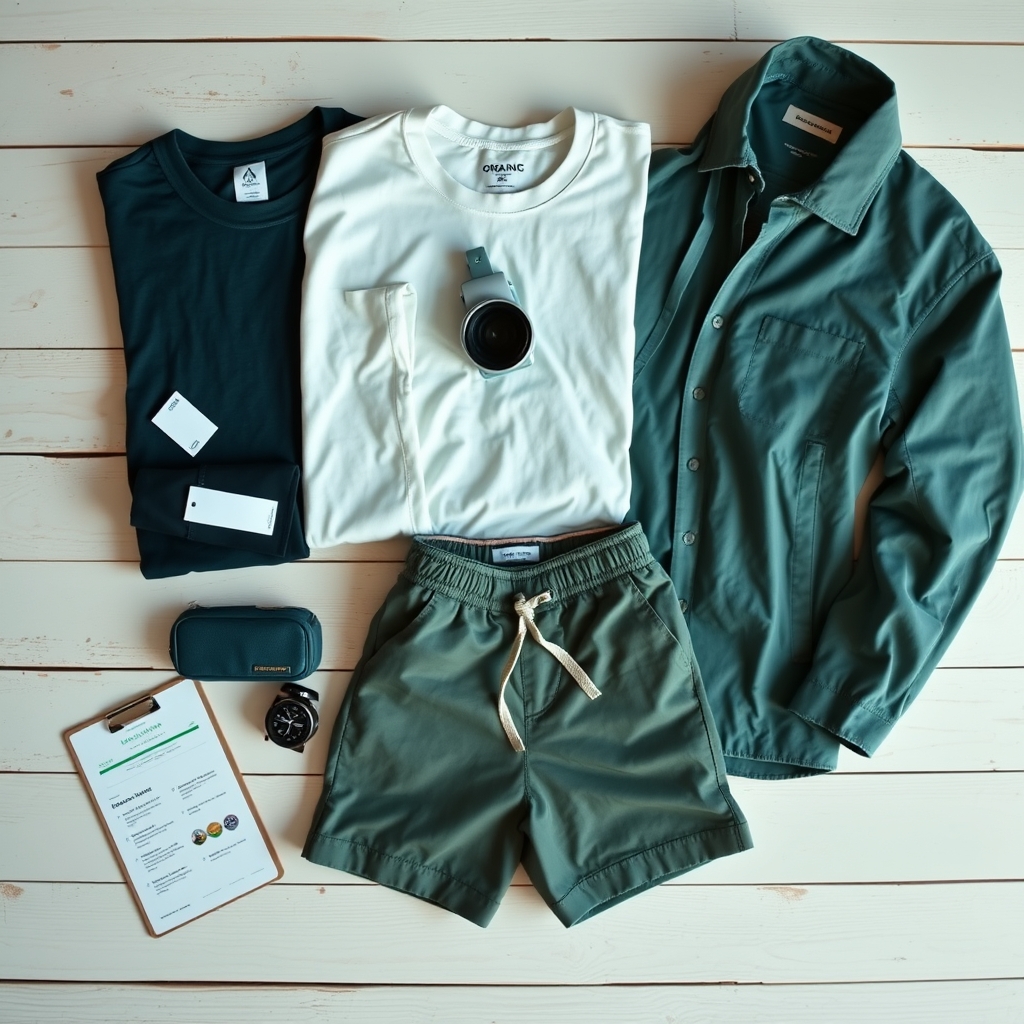 Outerknown sustainability transparency — Overhead flat-lay of folded sustainable menswear basics with certification hang tags on a pale wood surface