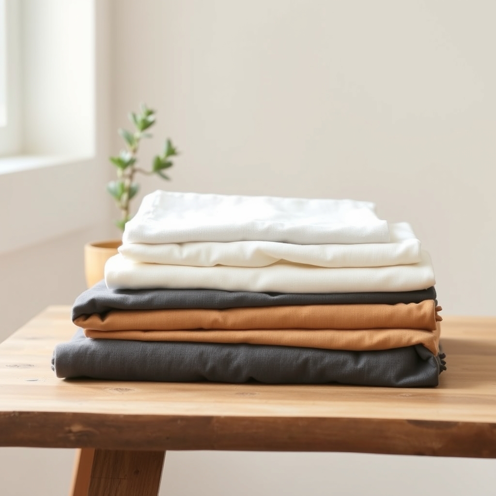 Folded organic cotton basics in neutral tones stacked on a wooden table with soft natural light.