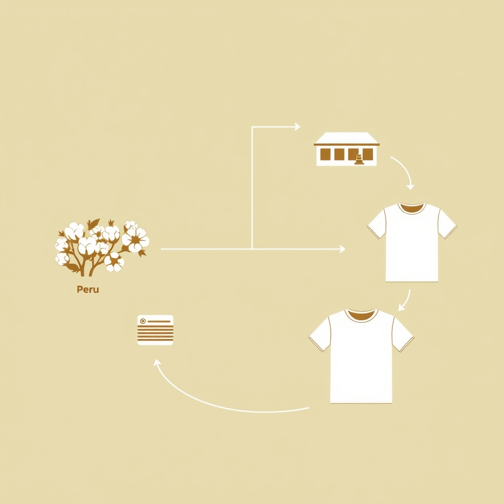Illustrated supply chain diagram showing cotton farm, mill, and finished garment connected by arrows with certification icons.