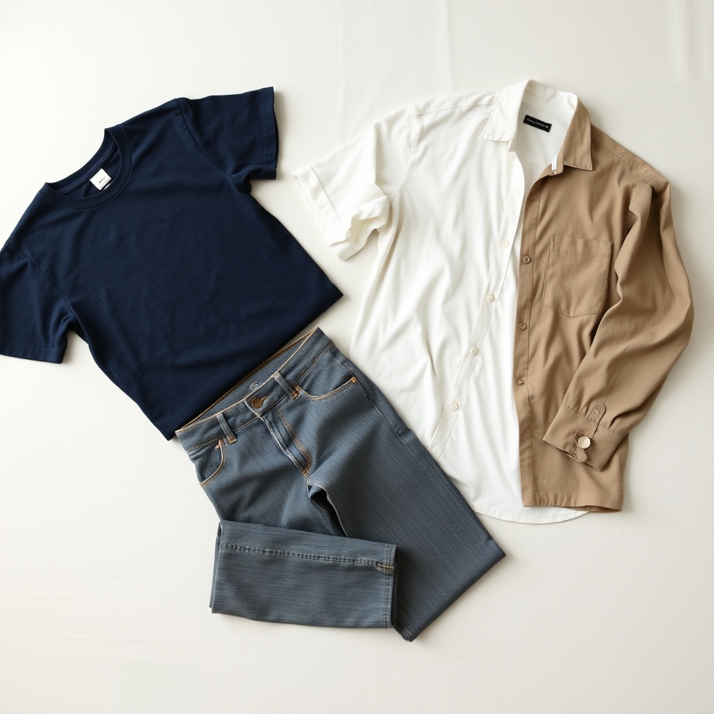 Overhead flat-lay of a white t-shirt, indigo jeans, and a stone overshirt arranged on a linen surface.