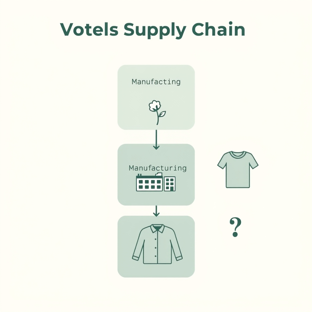 Outerknown sustainable fashion — Vertical supply chain diagram with three tiers showing raw material, manufacturing, and brand levels with certification badge icons