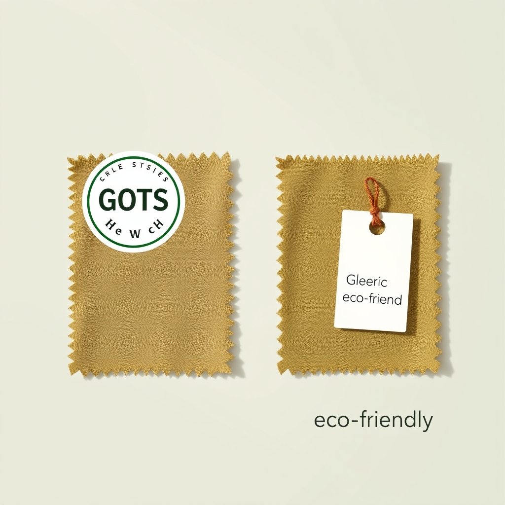Outerknown transparency report — Two fabric swatches side by side, one with a verified certification seal icon and one with a vague eco-friendly label tag