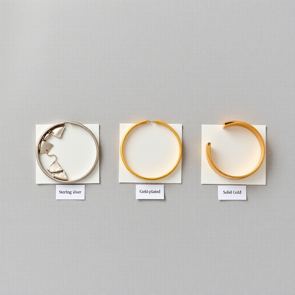 Three bracelet material samples side by side — tarnished silver, worn gold-plated, and polished solid gold — on gray linen.