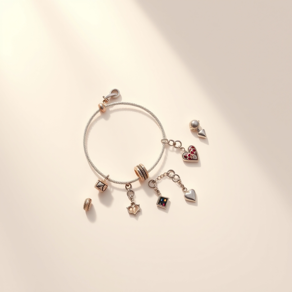 Charm bracelet mid-assembly on white surface with six loose charms arranged nearby, one being clipped into place.