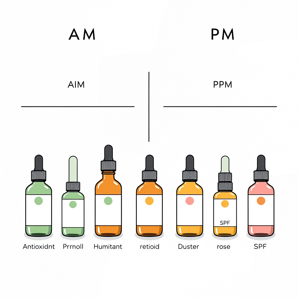 peptides skincare — Overhead illustration of an AM and PM skincare routine layout with color-coded ingredient-category bottles in two columns.