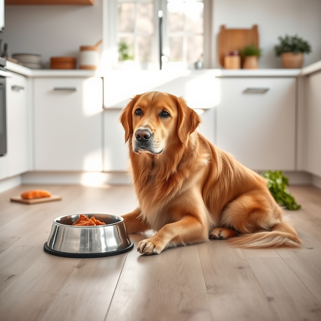 Golden retriever beside a food bowl with wholesome ingredients arranged on a kitchen counter in warm natural light.
