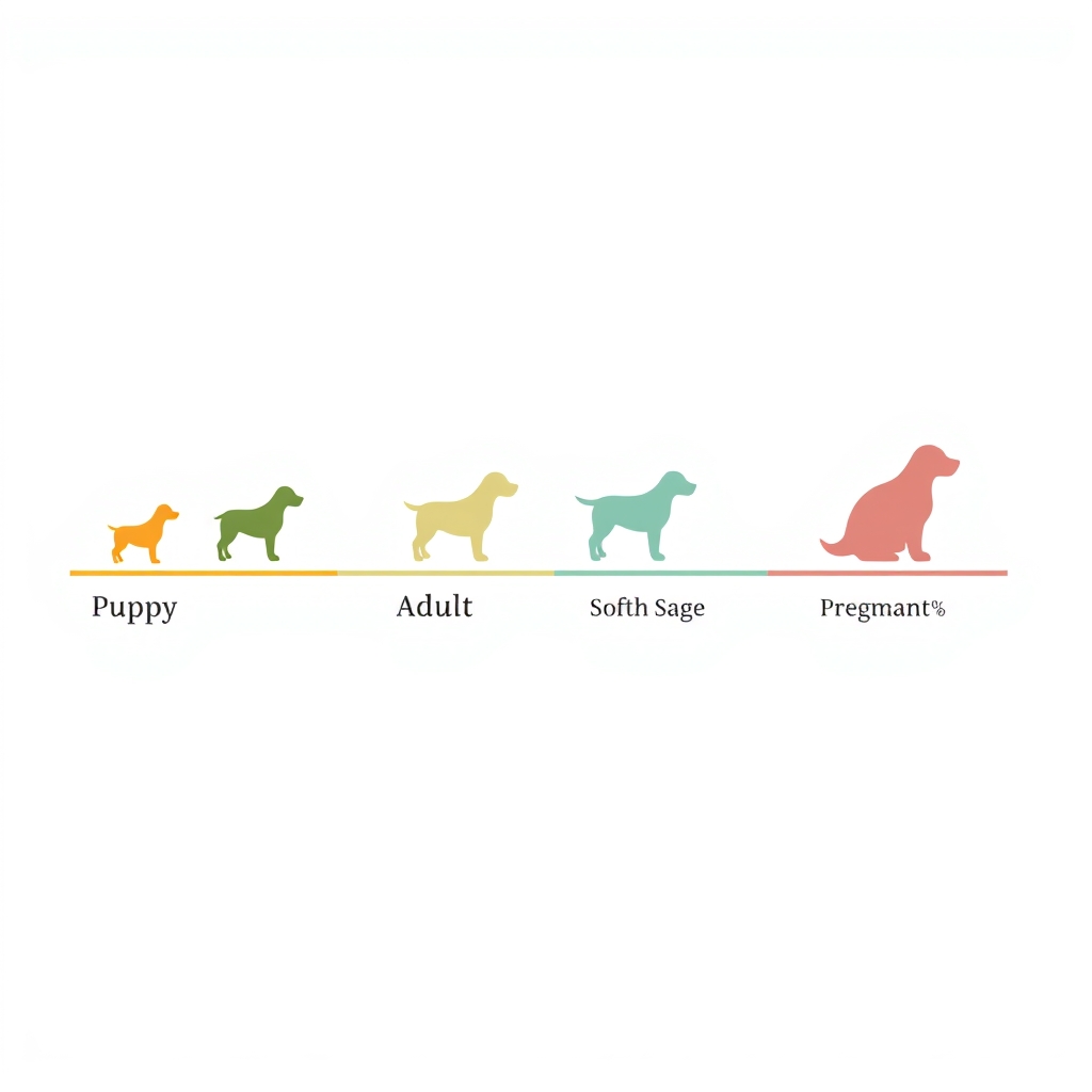 Flat vector chart showing dog protein requirements across four life stages: puppy, adult, senior, and pregnant or nursing.
