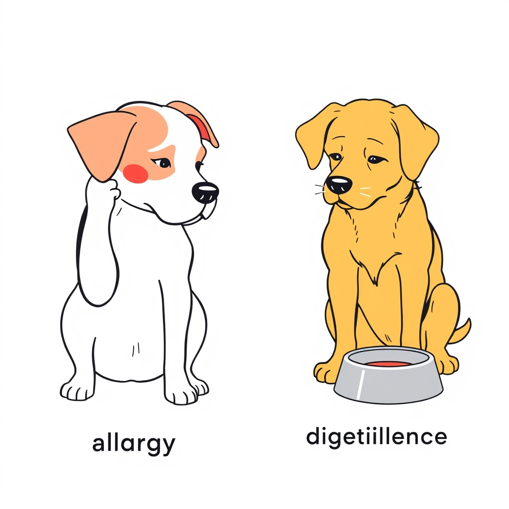 Split illustration comparing food allergy symptoms—skin irritation and ear redness—with food intolerance signs like digestive upset in dogs.