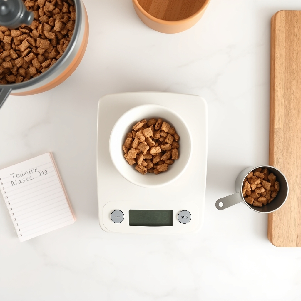 Kitchen scale with a measured portion of dry dog kibble in a bowl next to a measuring cup on a white marble countertop.