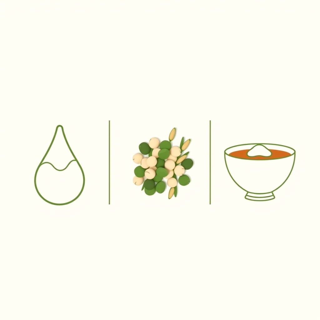 plant-based protein powder guide — Flat vector icons comparing whey (milk), plant-based (peas and rice), and collagen (bone broth) protein sources side by side.