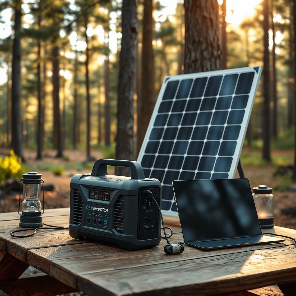 portable power station for camping — Portable solar generator on a campsite picnic table connected to a solar panel, with a laptop and lantern nearby.