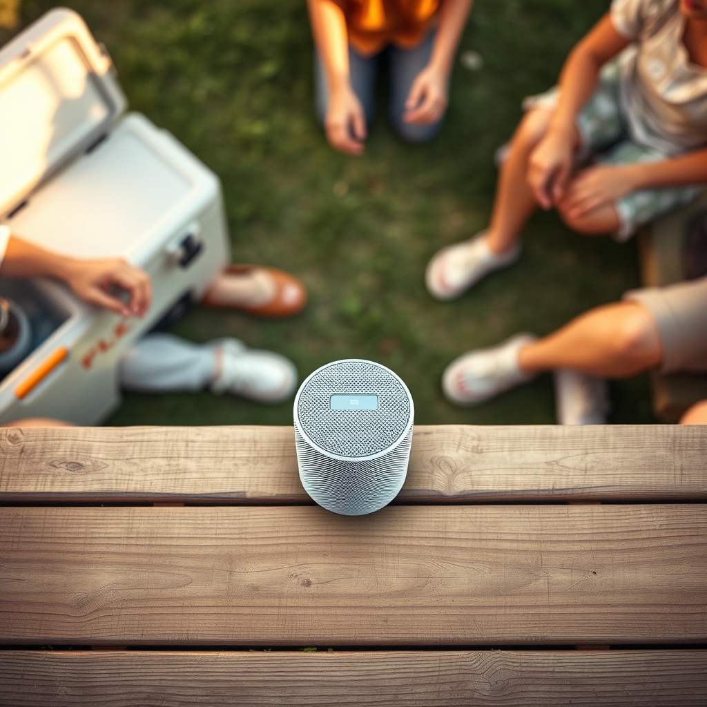 portable speakers sound quality — Overhead view of a cylindrical Bluetooth speaker on a wooden surface at an outdoor gathering, warm afternoon light, shallow focus background.