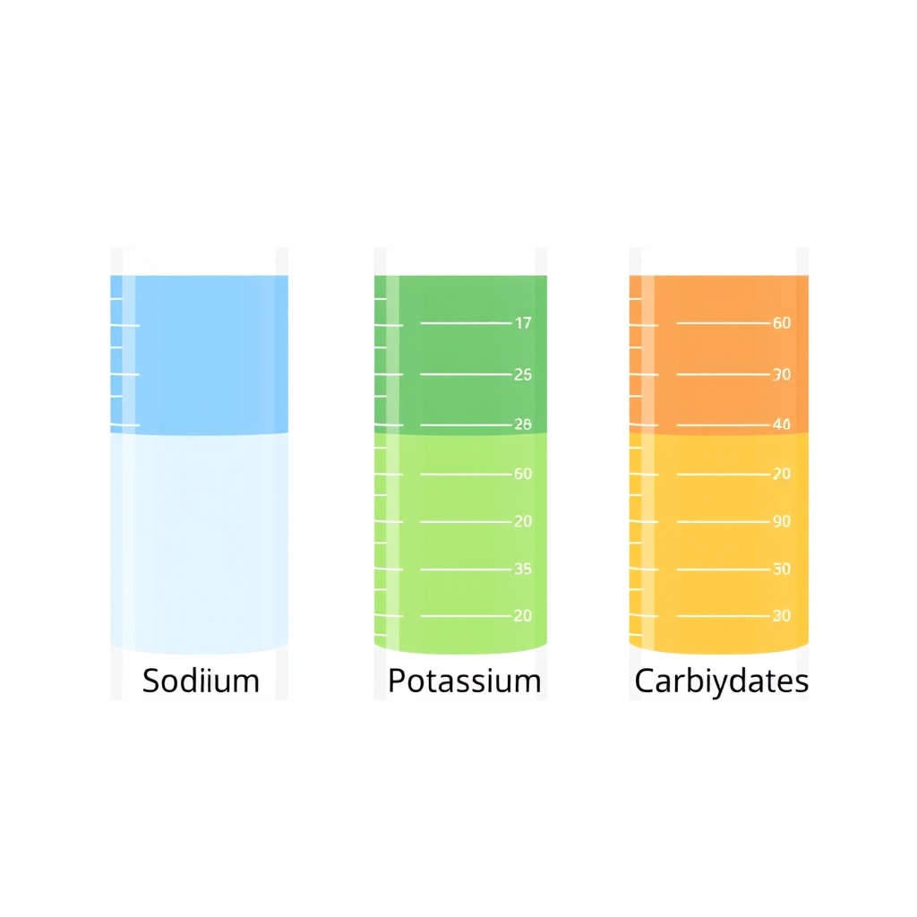 post-workout recovery drinks — Infographic illustration of three labeled cylinders representing sodium, potassium, and carbohydrate levels in an electrolyte drink serving.