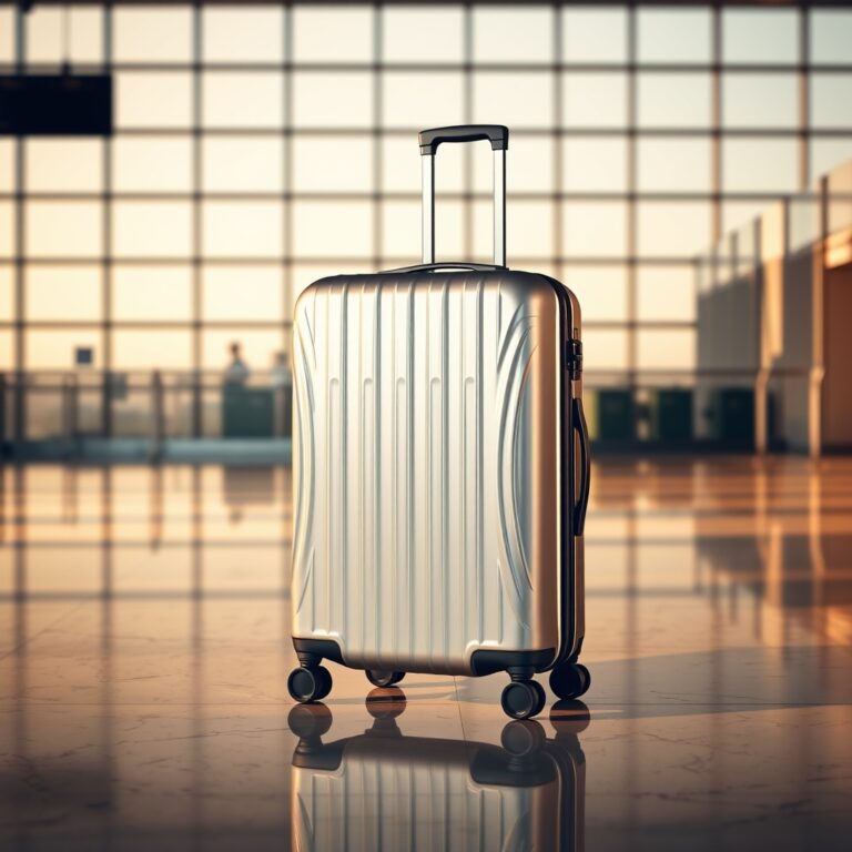 A sleek grooved polycarbonate hardside suitcase standing upright on a marble airport floor in warm directional light.