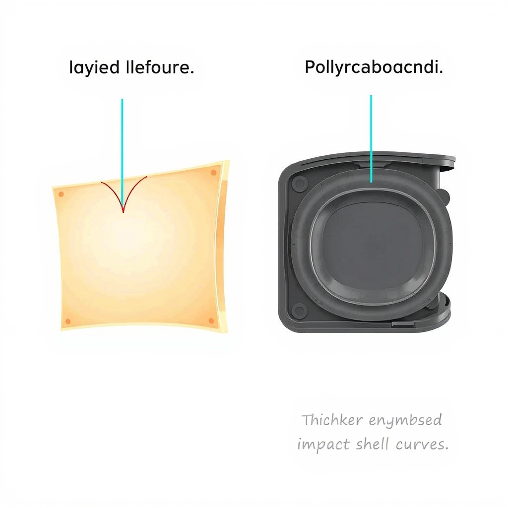 Side-by-side cross-section comparison of thin cracked ABS plastic luggage shell versus thicker intact polycarbonate shell.