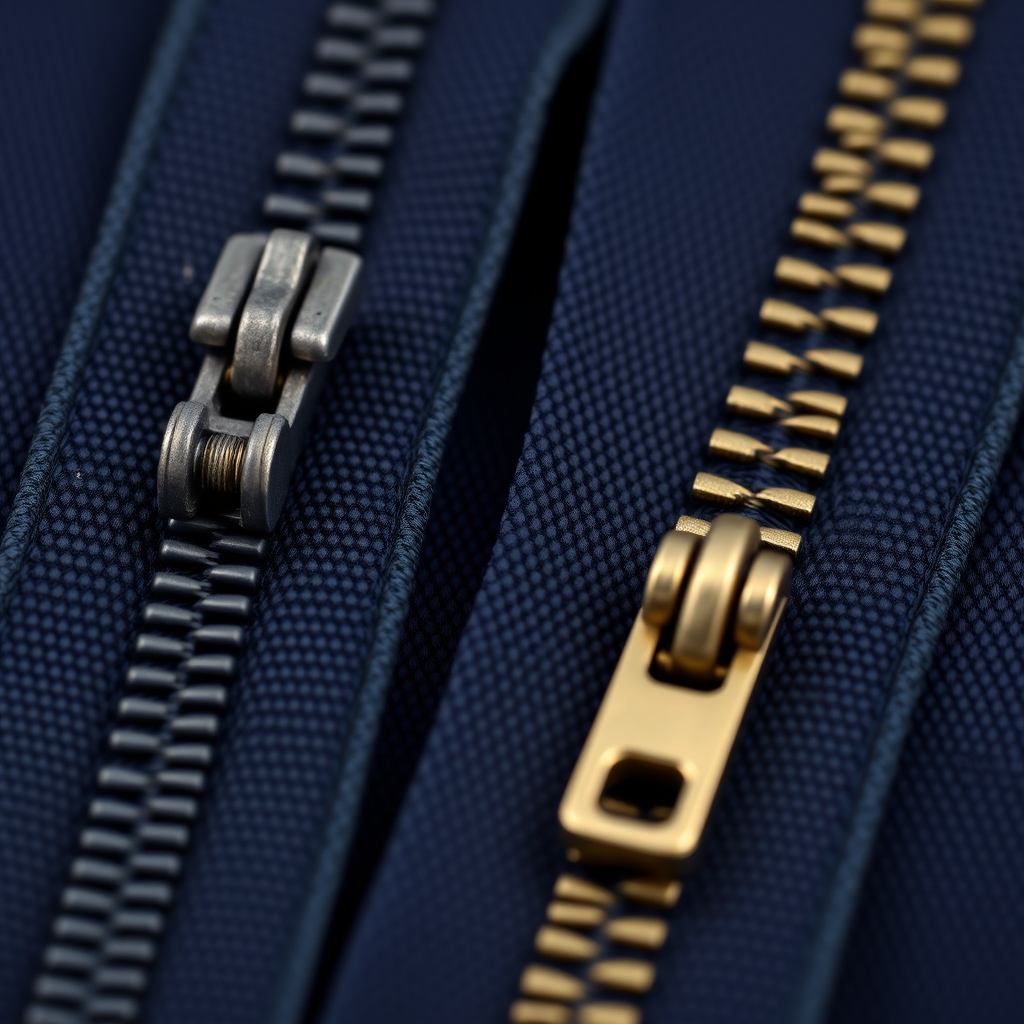 Close-up comparison of a worn zinc-alloy zipper pull beside a polished industrial-grade brass zipper pull on dark navy fabric.