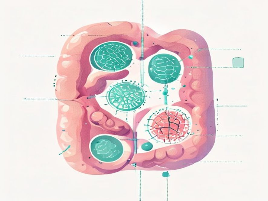 probiotics for digestive health — Flat vector illustration of an intestinal cross-section with magnified insets showing three distinct probiotic bacterial strains.