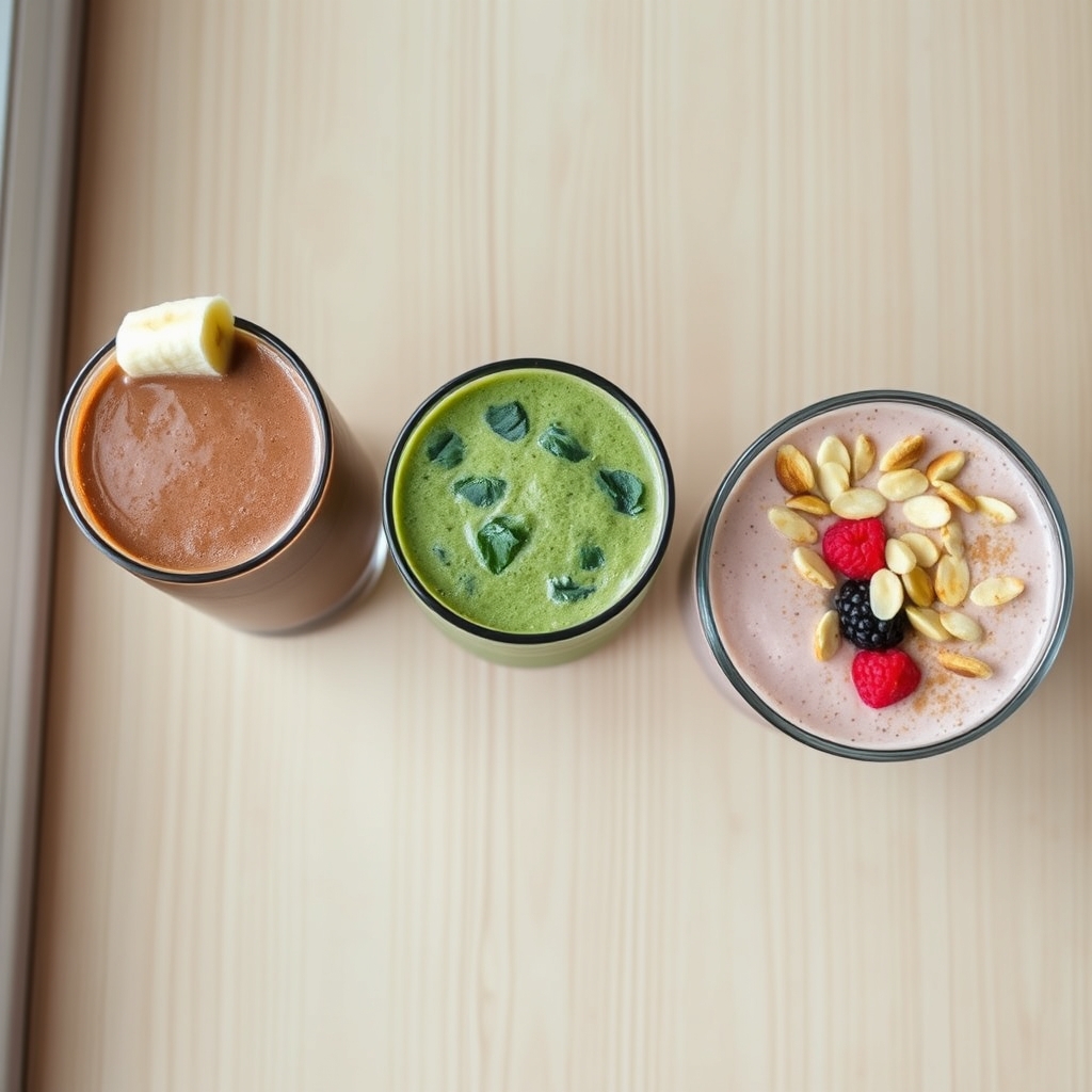 protein powder buying guide — Three smoothies in a row — a chocolate whey shake, a green plant-based smoothie, and a pink collagen berry bowl — on a wood surface.