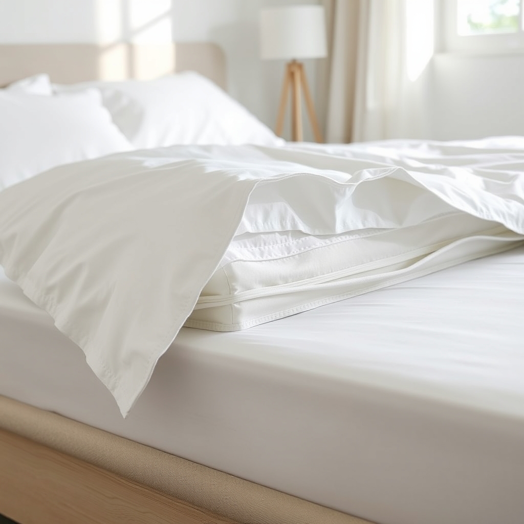 quiet mattress protector — Neatly made bed with white bedding and a partially unzipped mattress protector revealing its layered waterproof fabric.