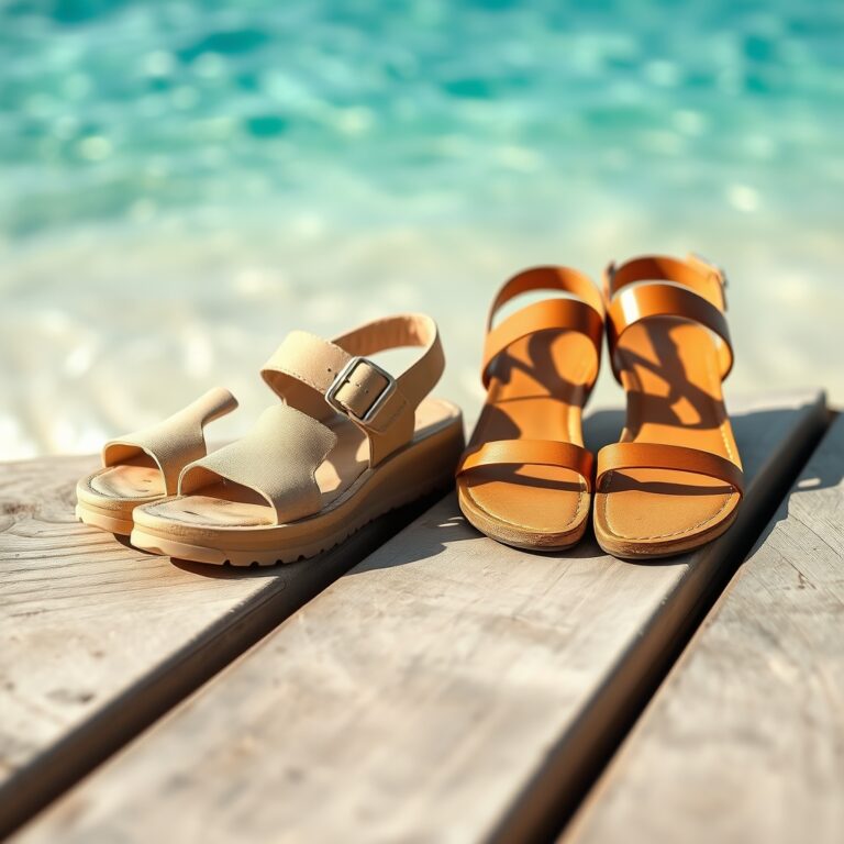 Reef vs OluKai — Two styles of beach sandals side by side on weathered wood with a blurred tropical shoreline behind them.