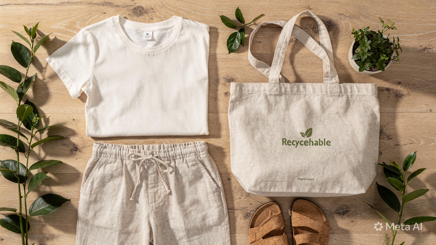 Flat lay of sustainable everyday fashion on a natural wood surface featuring an off-white organic cotton t-shirt, beige linen pants, a recycled canvas tote bag, and cork-soled sandals. Green potted plants frame the scene. Overlay text reads “Sustainable Fashion 2026” with a small leaf icon. Represents ethical, eco-friendly clothing brands for daily wear.