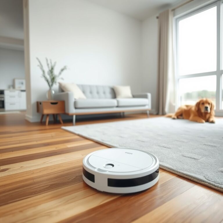 White robot vacuum cleaning a mixed hardwood and carpet floor with a golden retriever resting nearby in a bright living room.