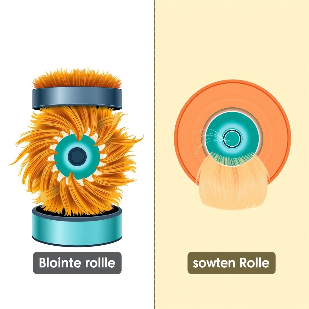 Side-by-side diagram of a bristle brush roller with tangled pet hair versus a rubber roller with hair releasing cleanly.