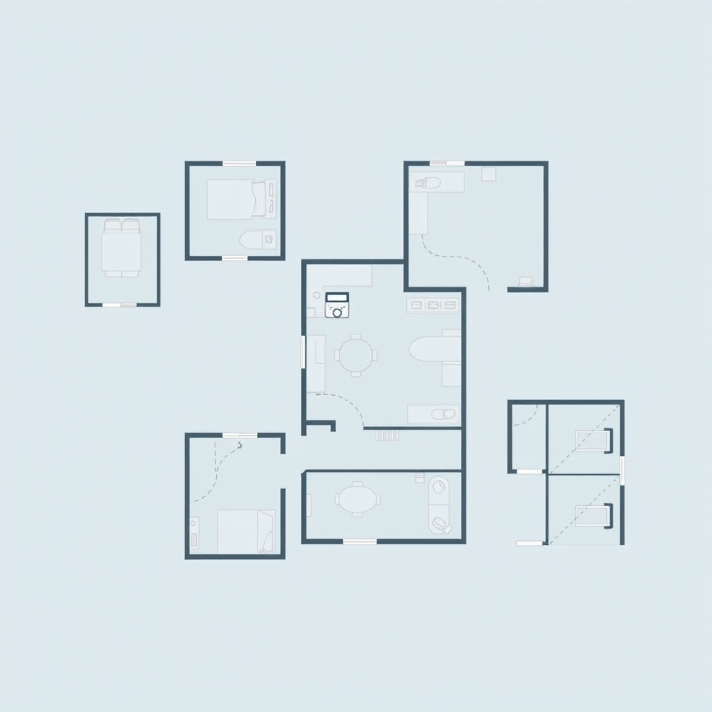 Overhead diagram comparing robot vacuum cleaning paths in three home layouts: open-concept studio, multi-room, and two-storey split-level.