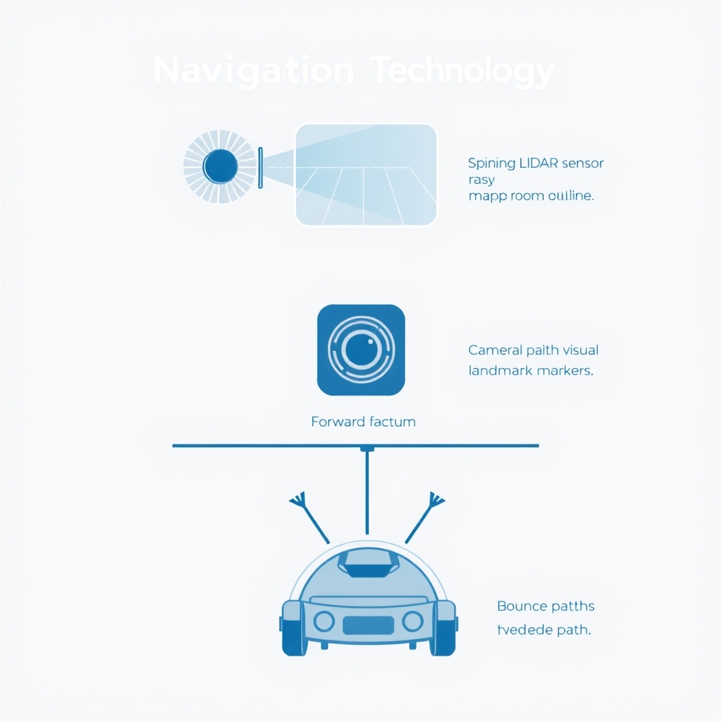 Vertical comparison diagram of three robot vacuum navigation types: LIDAR laser mapping, camera-based visual landmarks, and bump-and-clean random paths.