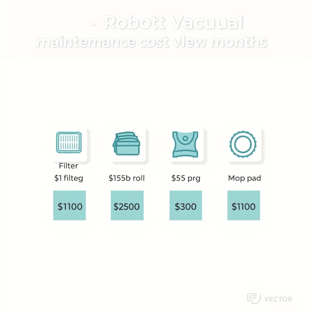 robot vacuum reviews — Flat vector diagram showing four robot vacuum consumable types — filter, brush, dustbag, mop pad — with relative cost bars