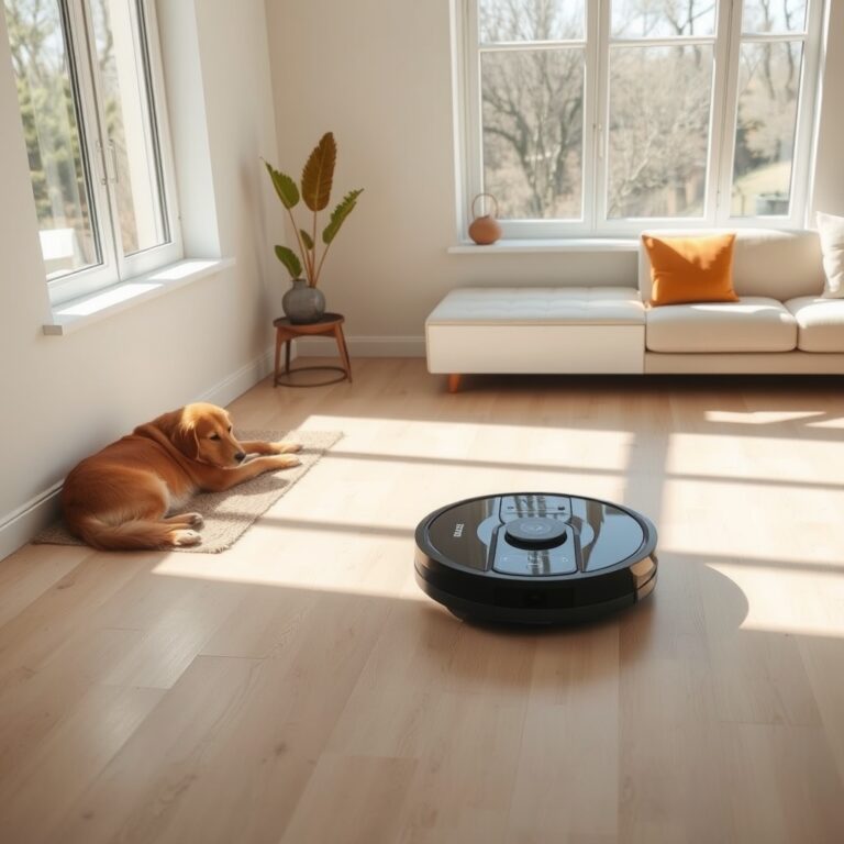 robot vacuum with mapping — Robot vacuum cleaning a hardwood floor near a golden retriever in a bright minimalist living room