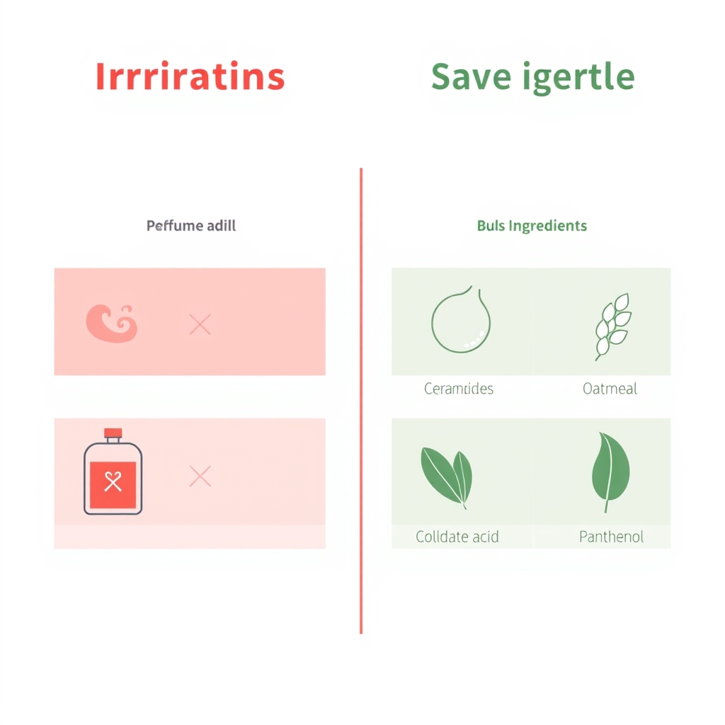 rosacea skincare products — Flat vector two-column chart contrasting common skin irritants like fragrance and sulfates against safe sensitive-skin ingredients like ceramides and oatmeal.
