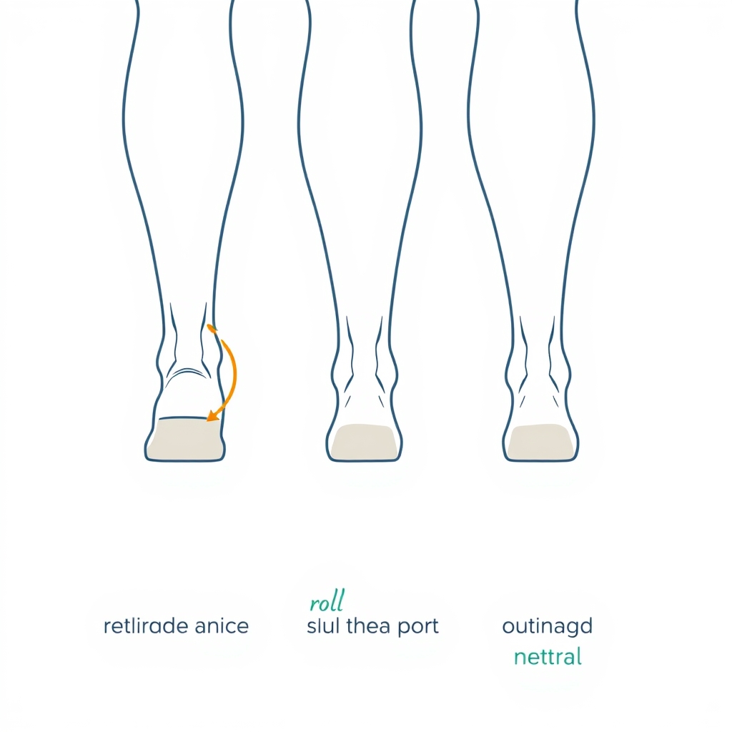 running shoe guide — Rear-view diagram of three ankle positions during running stride showing overpronation, neutral, and supination alignment