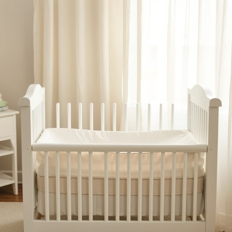 safest baby bedding — A sunlit nursery with a white crib made up in natural organic cotton sheets, folded spare sheets on a nearby shelf.