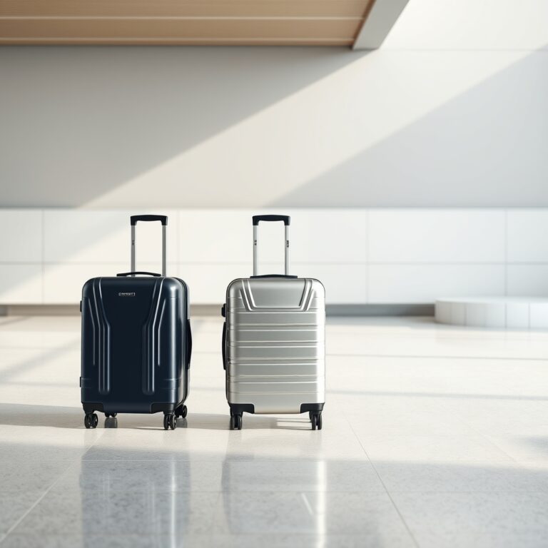 samsonite vs competitors — Three hard-shell Samsonite-style suitcases in navy, silver, and charcoal standing on an airport terminal floor.