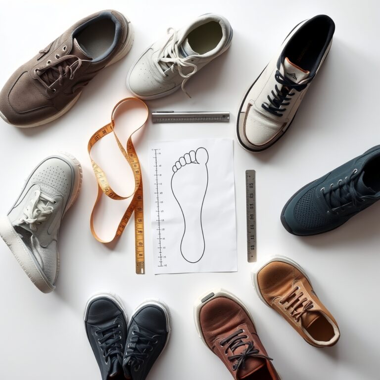 Overhead flat-lay of assorted shoes next to a measuring tape, foot tracing on paper, and a ruler on white surface.