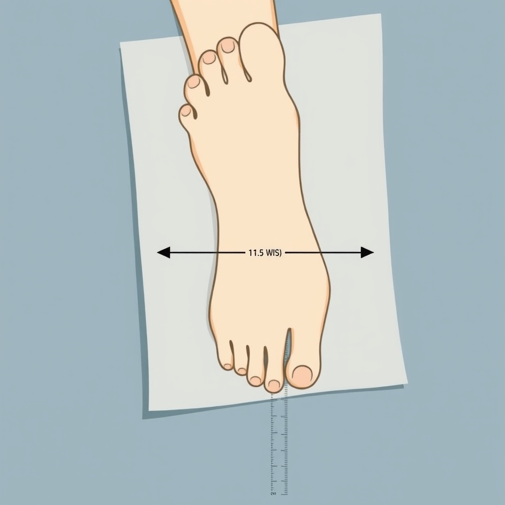 Flat vector diagram of a foot outline on paper showing a measurement arrow across the ball of the foot beside a ruler.