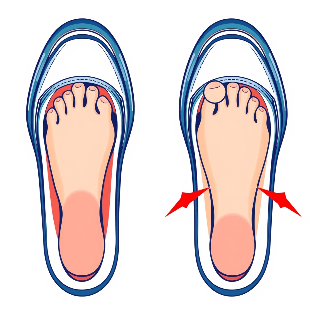 Front cross-section illustration comparing a correctly fitted shoe versus a too-narrow shoe squeezing the foot on both sides.