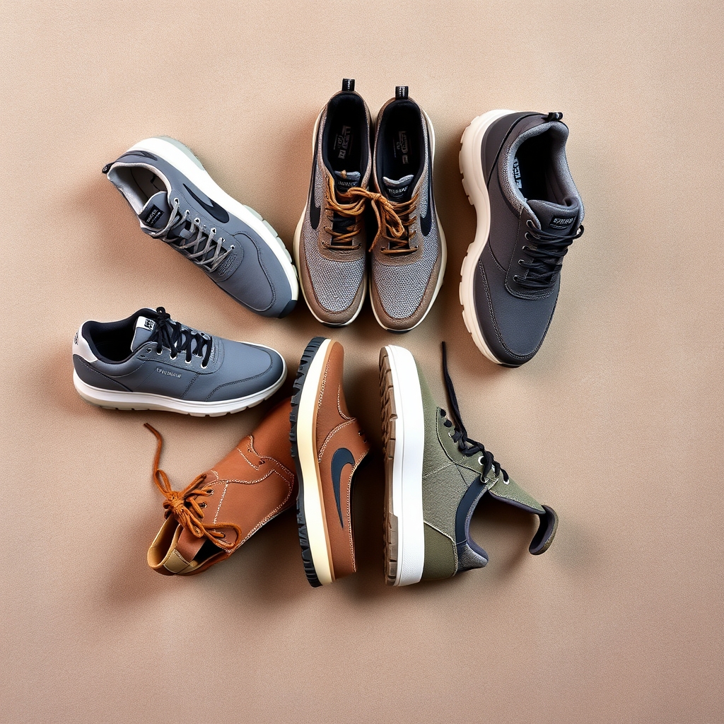Five pairs of shoes representing athletic, running, dress, hiking, and skate styles arranged in an arc on a gray surface.
