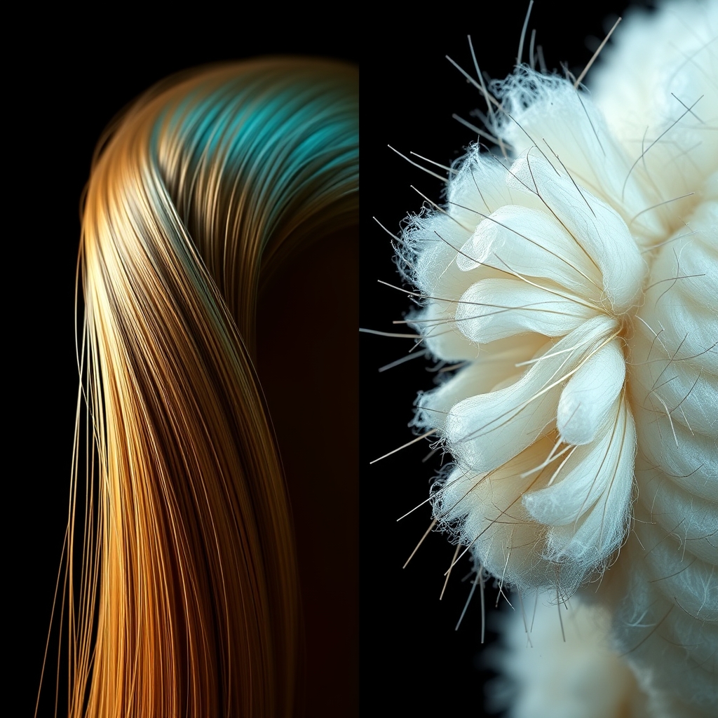 silk pillowcase benefits — Split image showing a smooth sealed hair cuticle on silk versus a raised frayed cuticle on cotton under magnification