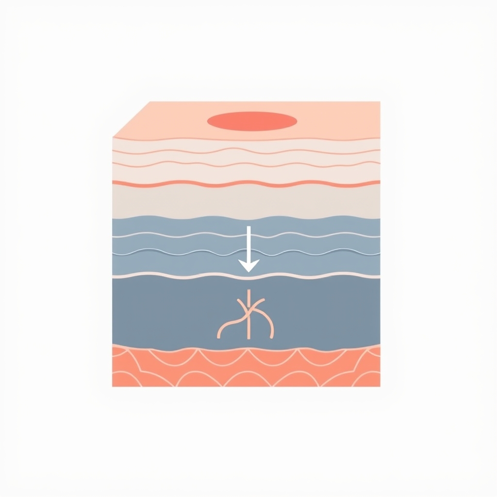 skincare ingredients — Cross-section diagram of skin layers showing retinol molecule penetrating to the dermis and stimulating collagen fibers.