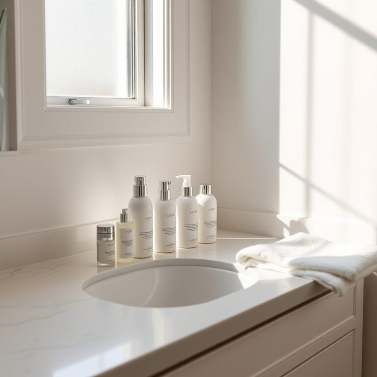 Minimalist bathroom countertop with skincare products arranged in order on white marble in soft morning light.