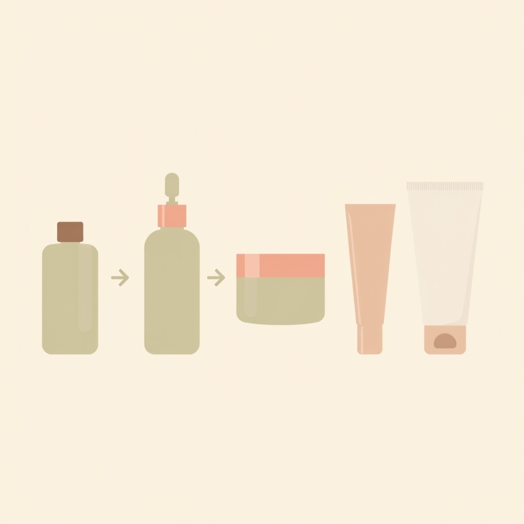 Flat vector diagram showing five skincare products arranged left to right from thinnest to thickest with directional arrows.