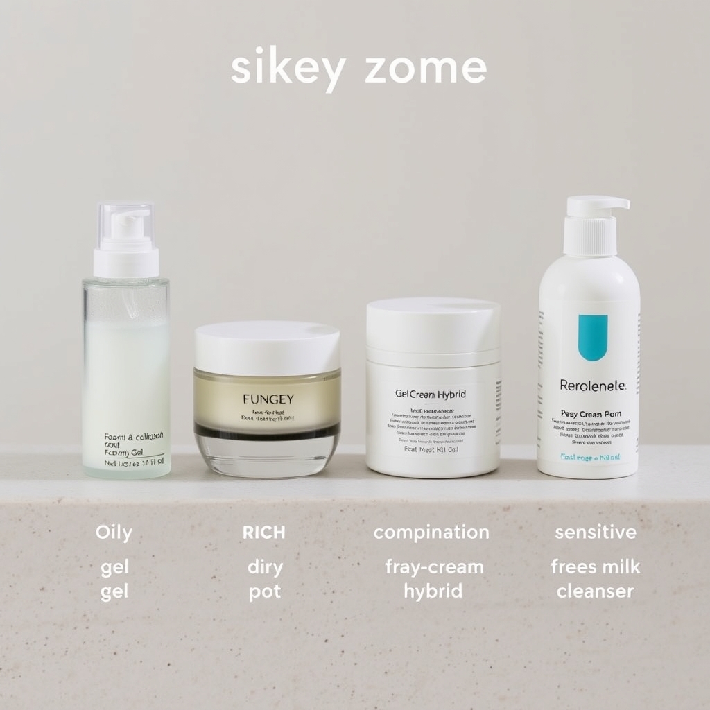 Four skincare product groups on a stone surface representing product choices for oily, dry, combination, and sensitive skin types.